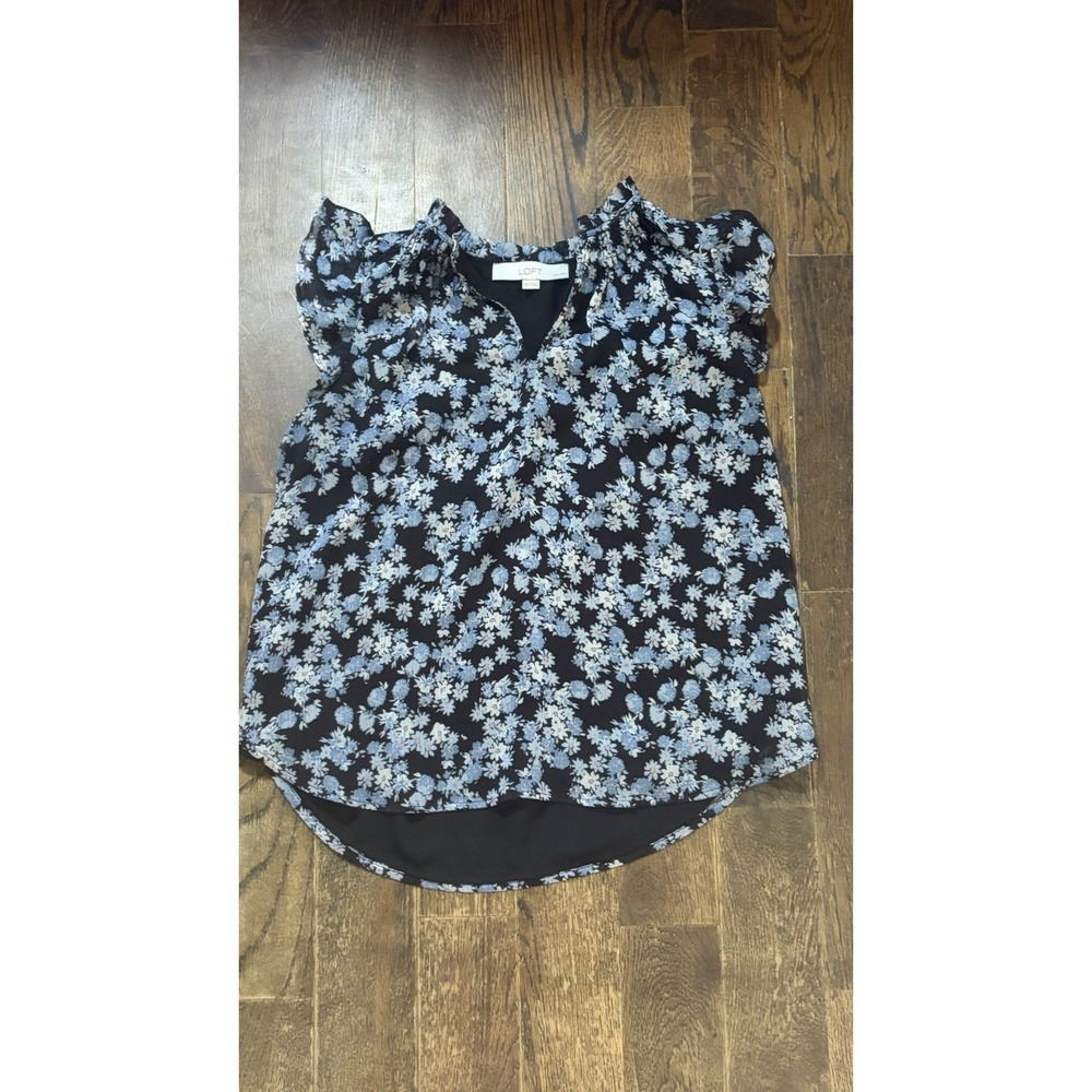 Loft Women Blouse Top XSP Blue Black Floral V Neck Short Sleeve Tie Front Summer